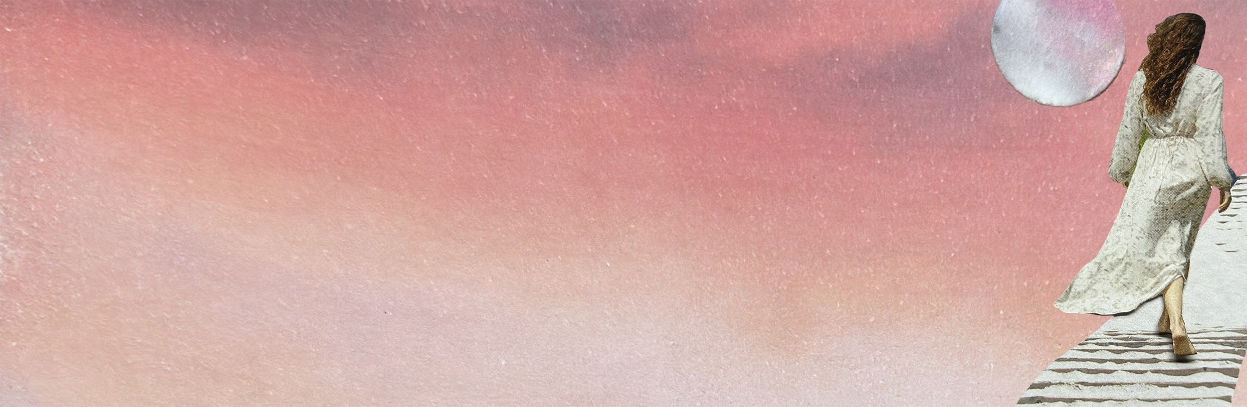 Collage of a woman walking along a path, with warm tones and playful textures, used as a banner image inviting readers to sign up to the journal.