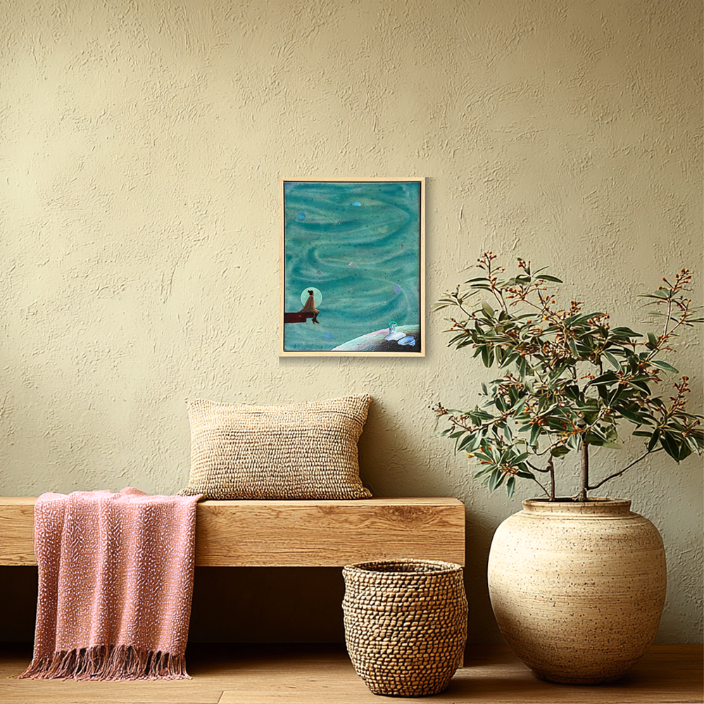 Framed, teal wartercolour mixed media artwork called &