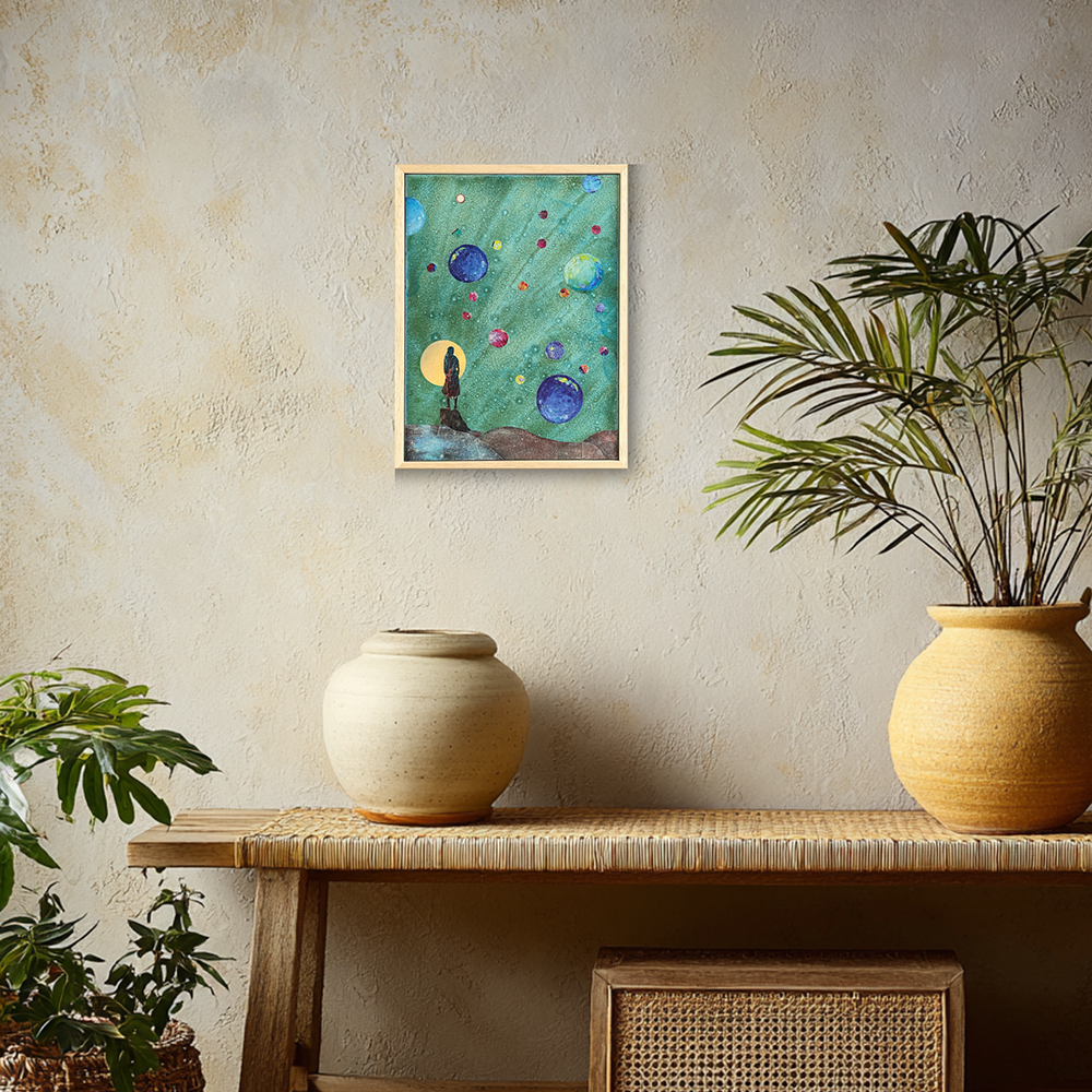 Framed teal watercolour collage called &
