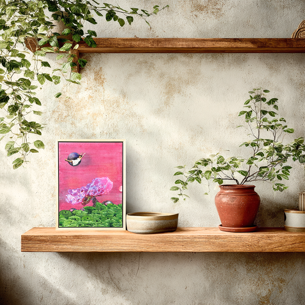 Framed, small pink original mixed media artwork called &