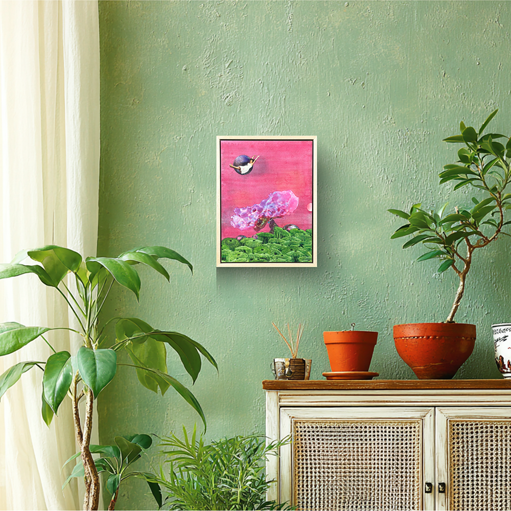 Framed, small bright pink original collage painting called &