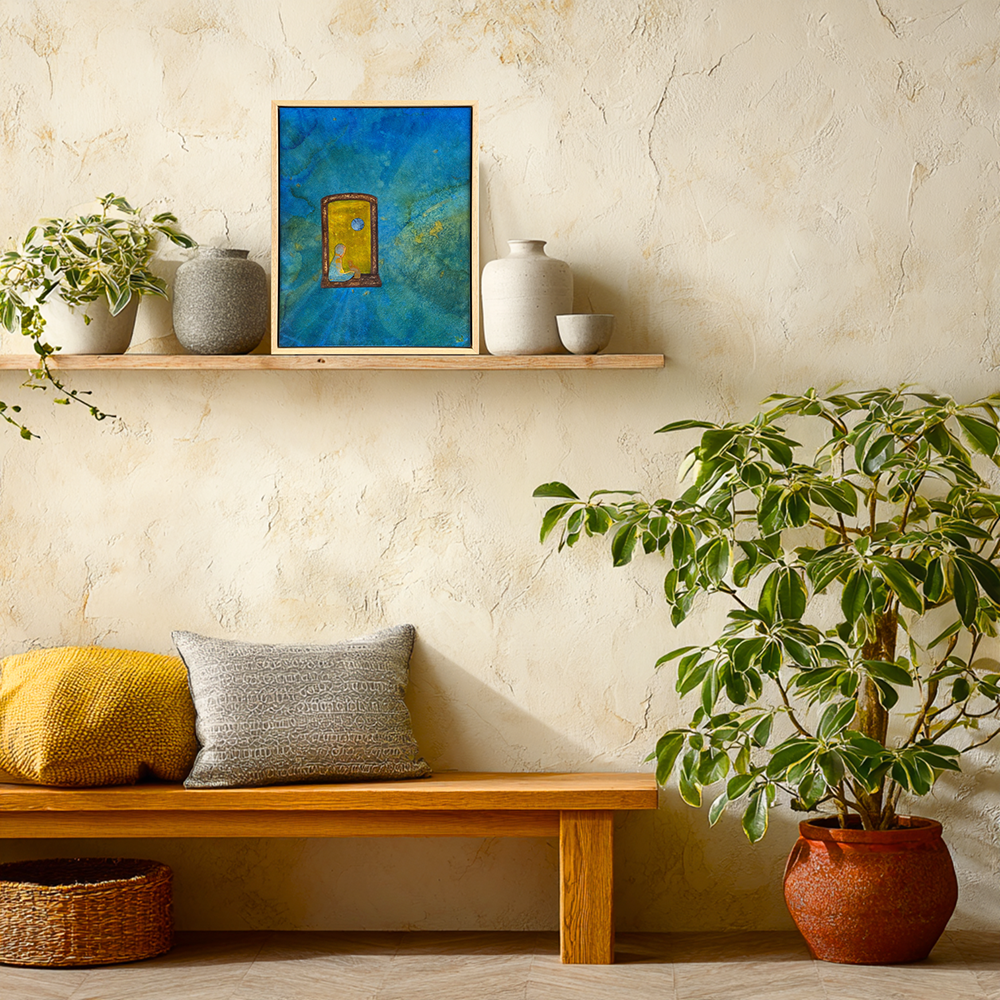 Framed blue and yellow watercolour collage painting called &