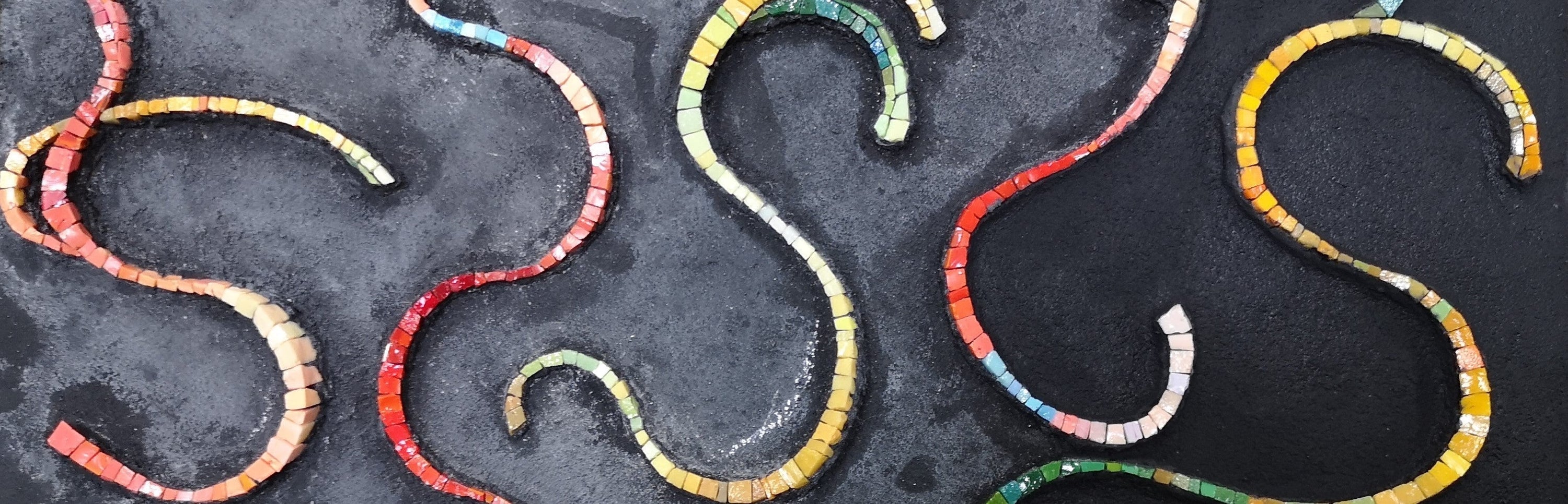 Detail of the mosaic artwork “Don’t Try to Be Nice, Be Real” showing curving colored lines on a dark background, a visual reminder to stop pleasing and start being real.