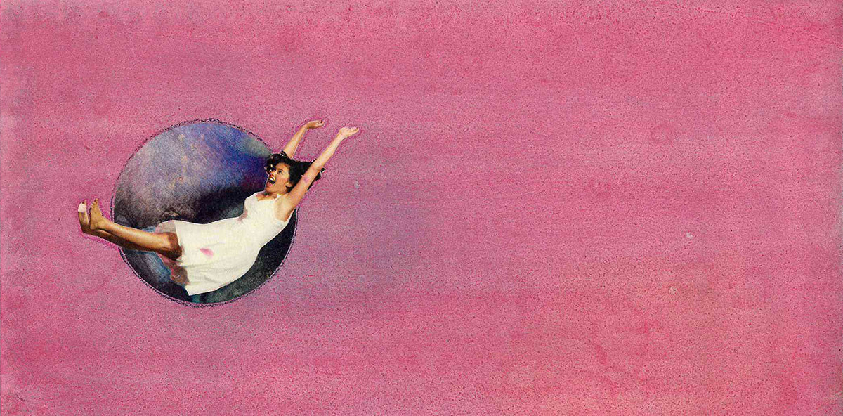 A small figure letting herself fall backwards, set against a textured pink background. A detail from the handmade collage Trust.
