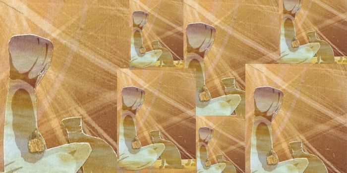 A girl and a cat sit quietly together in golden light. A still moment on the edge of change. This is a detail from the handmade collage Waiting for me.