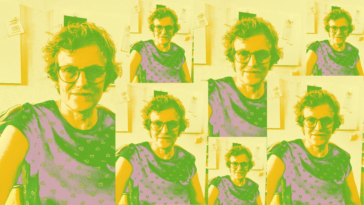 A playful grid of the same portrait of Maartje in bright, pop-art colors. Repeating but slightly shifting, like the stories we keep telling ourselves.