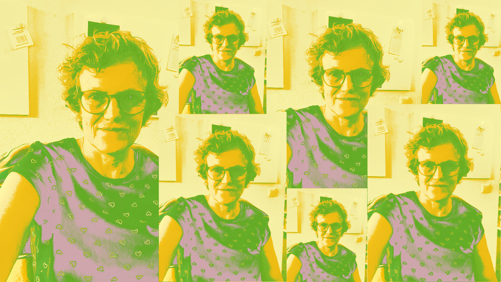 A playful grid of the same portrait of Maartje in bright, pop-art colors. Repeating but slightly shifting, like the stories we keep telling ourselves.