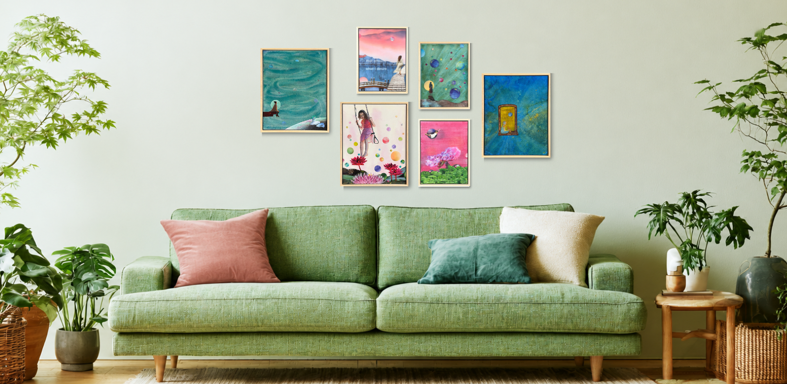 A collection of six colourful original collages on a wall above a green fabric sofa in a living room setting, decorated with pink, teal, and cream throw pillows, surrounded by potted plants.