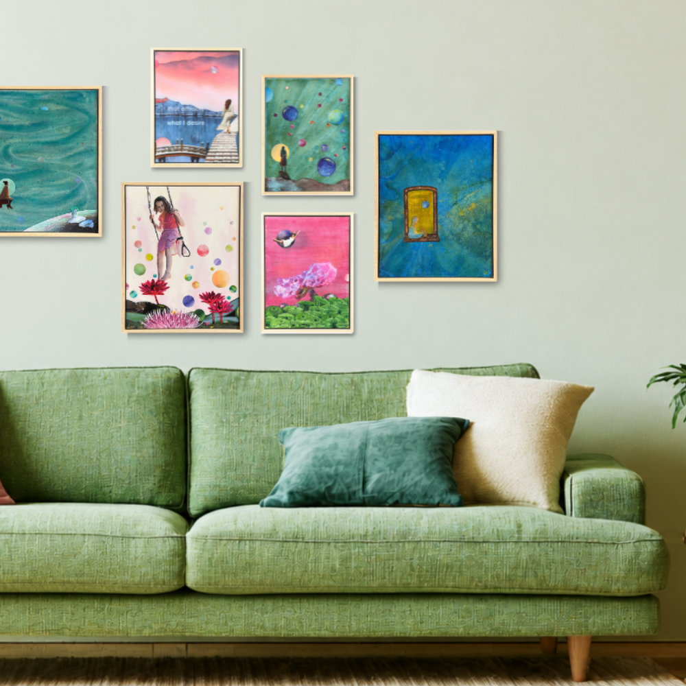 A collection of six colorful framed original collages, displayed on a wall above a green sofa in a living room setting.