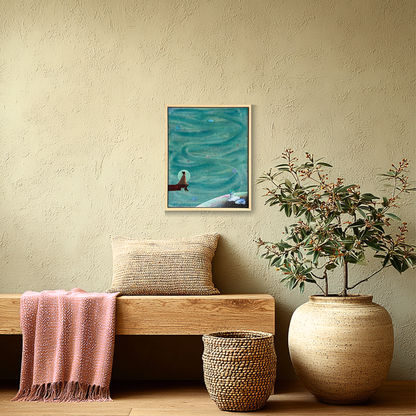 Framed, teal wartercolour mixed media artwork called &
