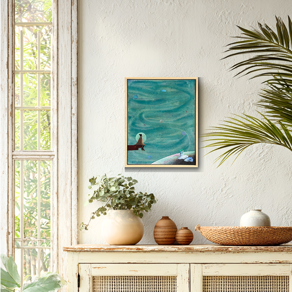 Framed, teal watercolour mixed media artwork called &