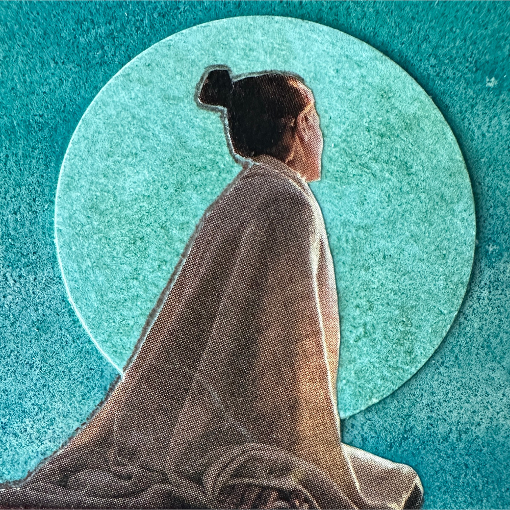 Close up of a teal watercolour collage painting called &