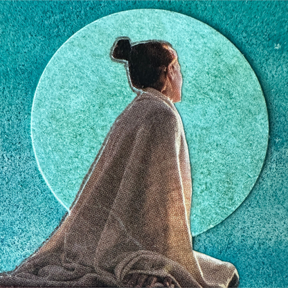 Close up of a teal watercolour collage painting called &