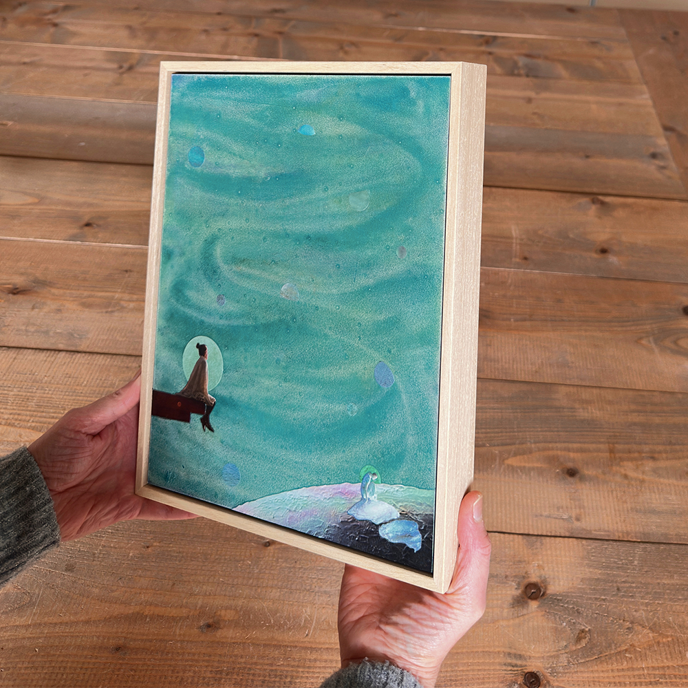 Framed, teal wartercolour mixed media artwork called &