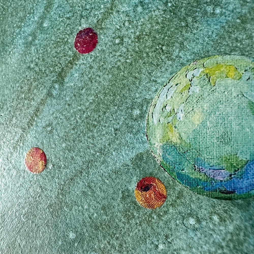 Close up of the original teal collage painting called &