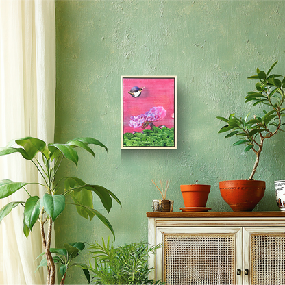 Framed, small bright pink original collage painting called &