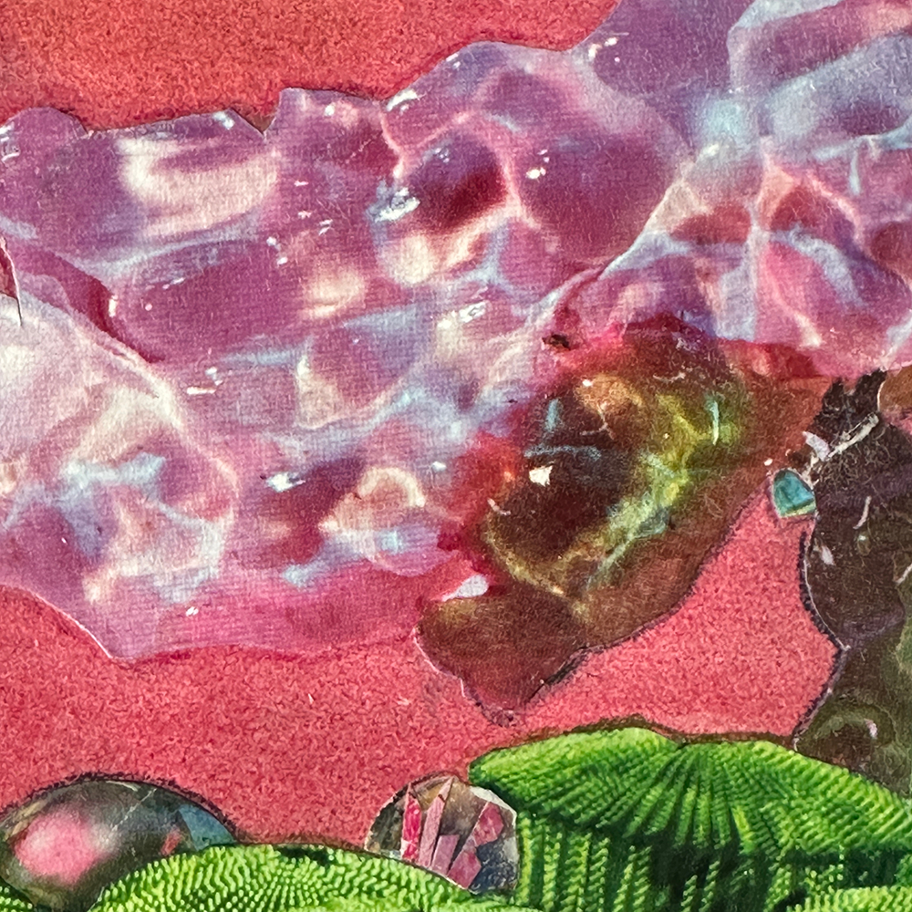 Close up of a small pink original collage called &