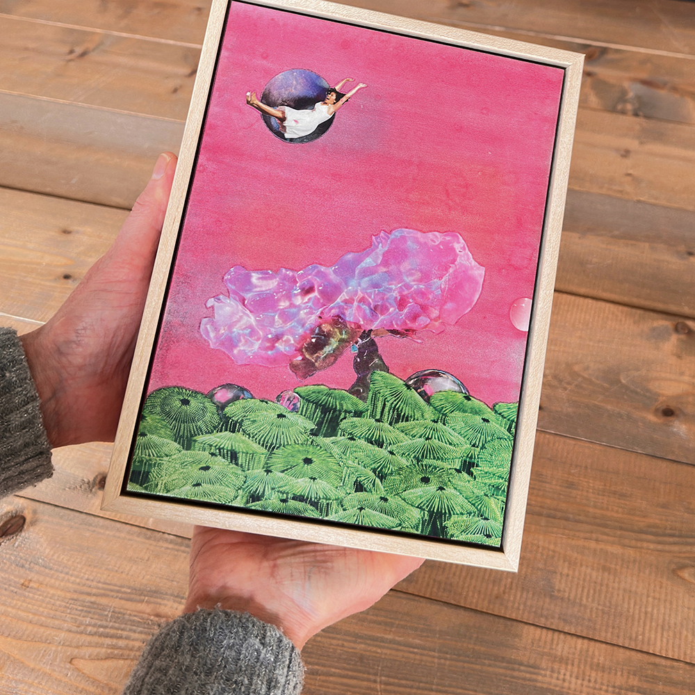 Framed, small bright pink original collage painting called &