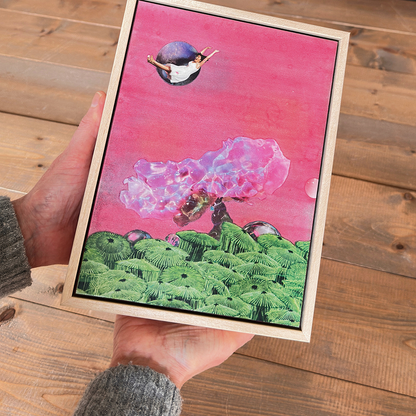 Framed, small bright pink original collage painting called &
