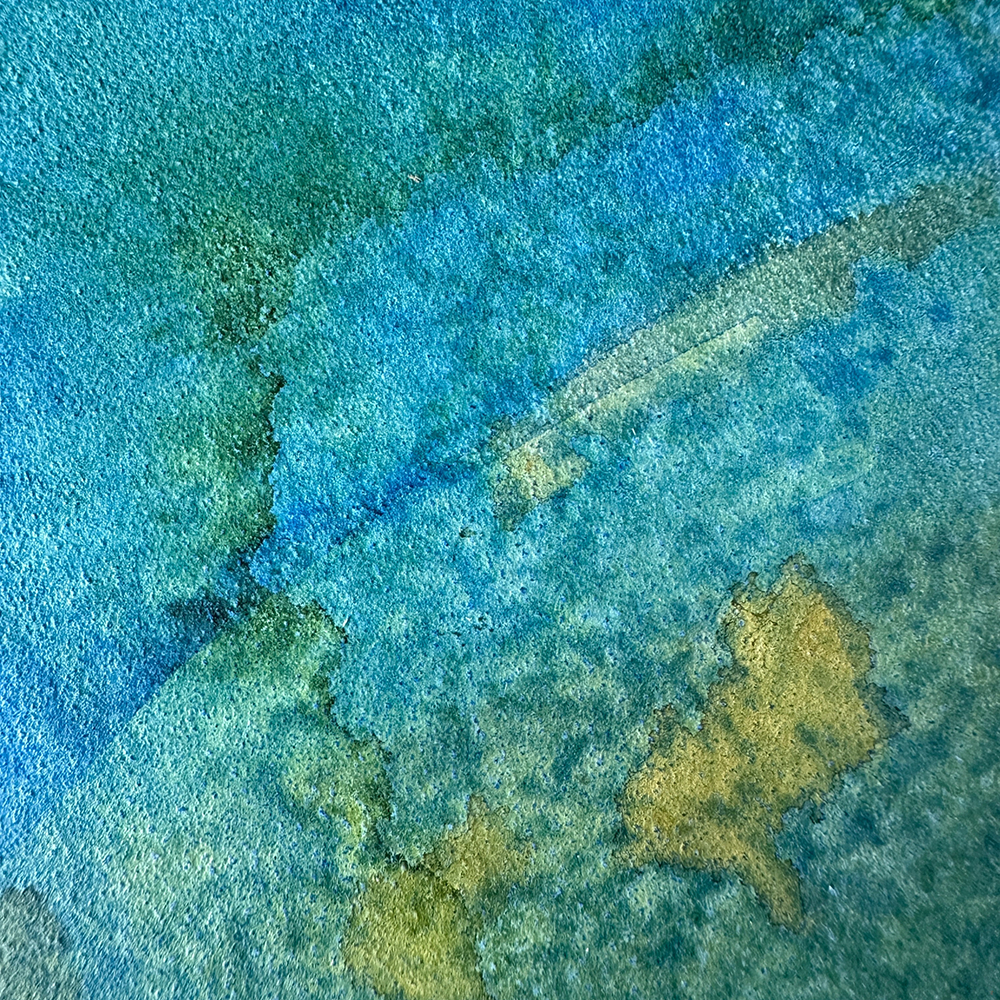 Close up of a blue and yellow watercolour mixed media artwork called &